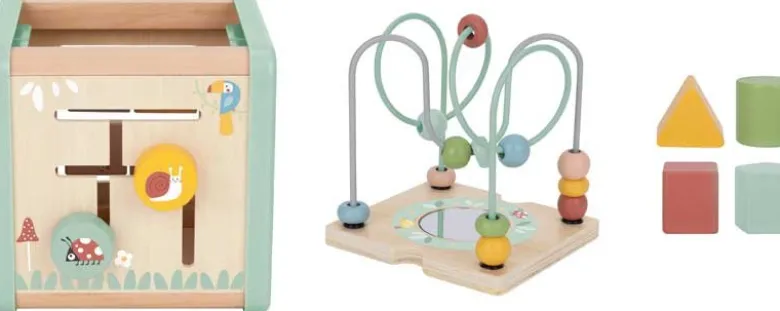 Aktivitetskub med kulbana i trä med roliga funktioner Tooky Toy
