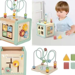 Aktivitetskub med kulbana i trä med roliga funktioner Tooky Toy