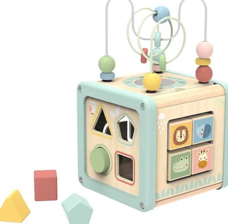 Aktivitetskub med kulbana i trä med roliga funktioner Tooky Toy