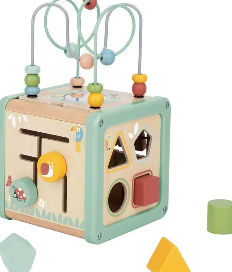 Aktivitetskub med kulbana i trä med roliga funktioner Tooky Toy