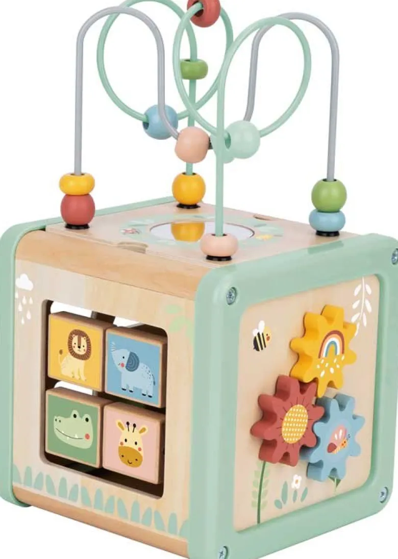 Aktivitetskub med kulbana i trä med roliga funktioner Tooky Toy