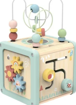 Aktivitetskub med kulbana i trä med roliga funktioner Tooky Toy
