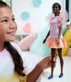 Barbie Fashionistas With Tall Body, Black Straight Hair & Peach Dress, 65th Anniversary Nr 216 HRH14