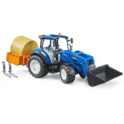 Bruder Traktor New Holland T5.120 med frontlastare, transportlåda, pallgafflar och 1 rundbal