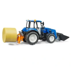 Bruder Traktor New Holland T5.120 med frontlastare, transportlåda, pallgafflar och 1 rundbal