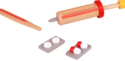 Doktorsväska med tillbehör i trä, stetoskop mm. 11 delar Tooky Toy