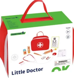 Doktorsväska med tillbehör i trä, stetoskop mm. 11 delar Tooky Toy