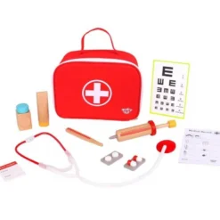 Doktorsväska med tillbehör i trä, stetoskop mm. 11 delar Tooky Toy