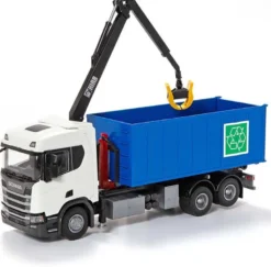 Emek Scania Recycle lastväxlare med kran och vit hytt