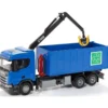 Emek Scania Recycle lastväxlare med kran och blå hytt
