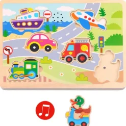 Ljud Träpussel med figursågade fordon Tooky Toy